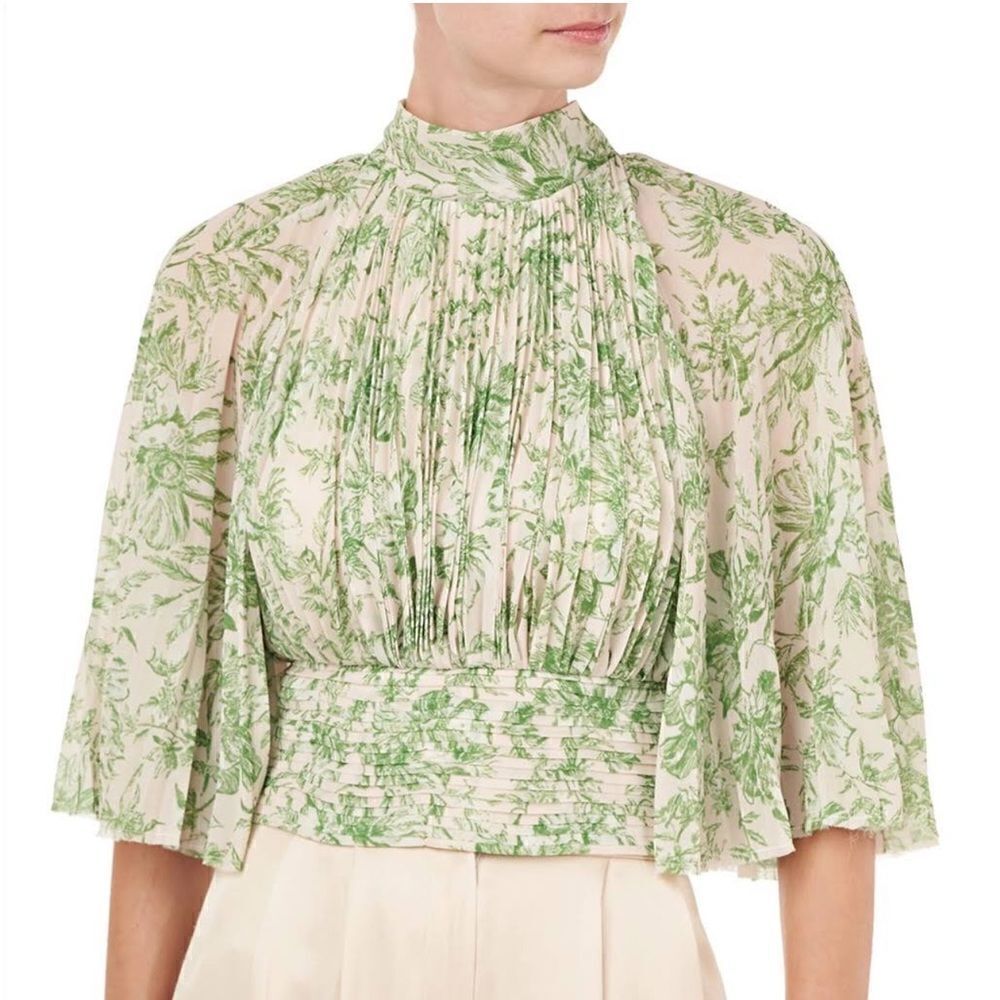 NWT Amur Bibi Pleated Leaf Print Plisse Blouse in Ecru/Green Large
